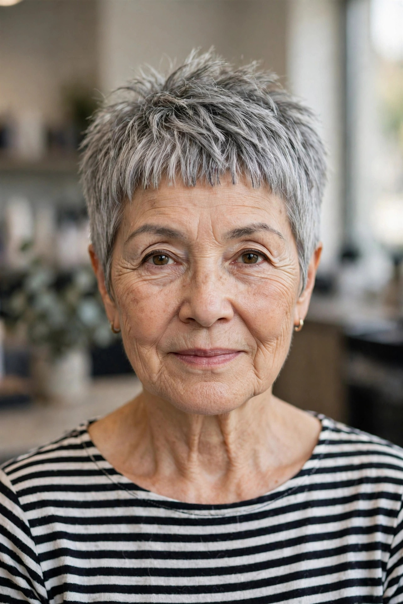 short edgy pixie haircut with micro fringe and choppy top in silver gray hair on a woman over 60