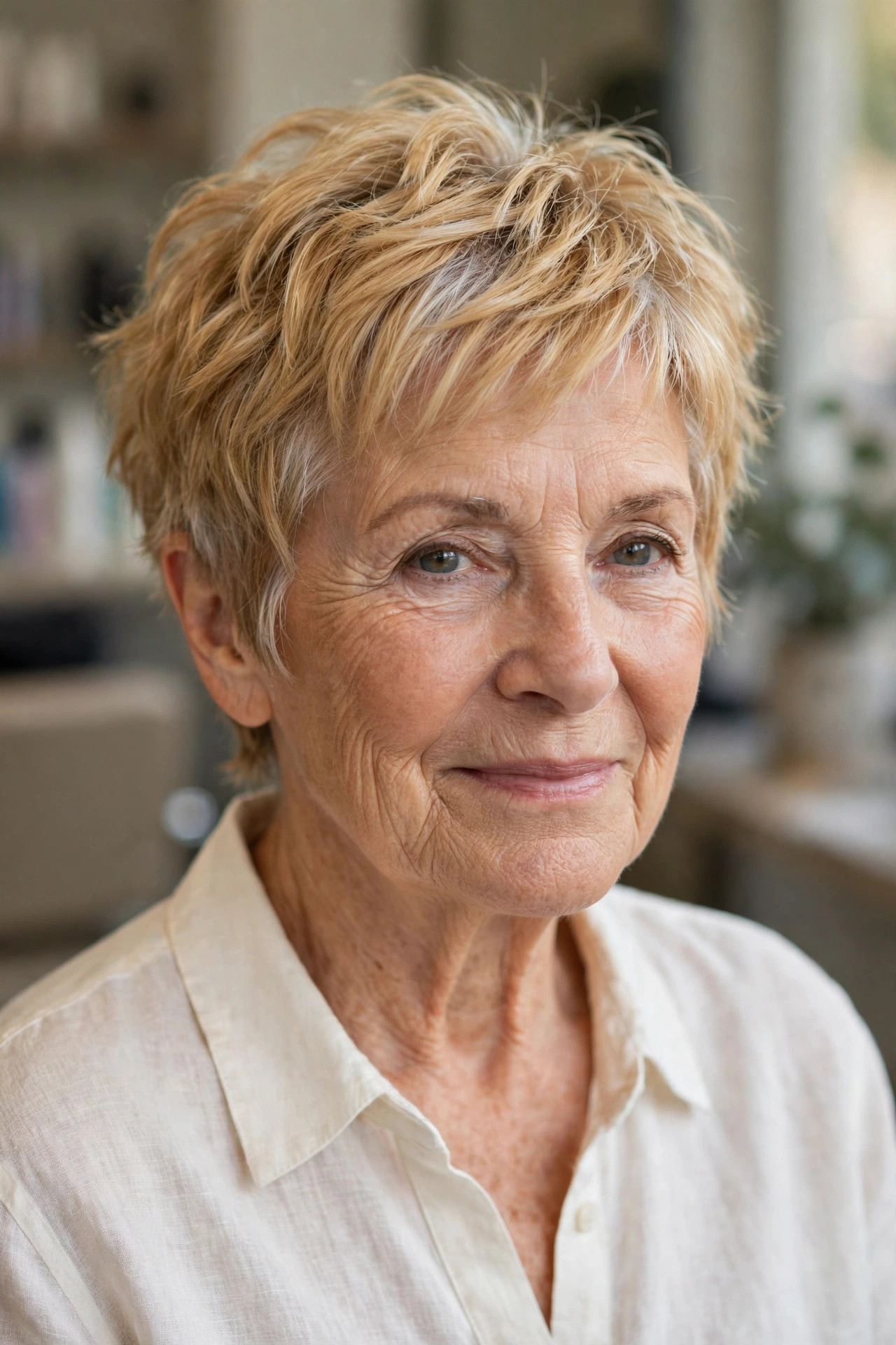 short golden blonde piecey pixie haircut with babylights on a woman over 60