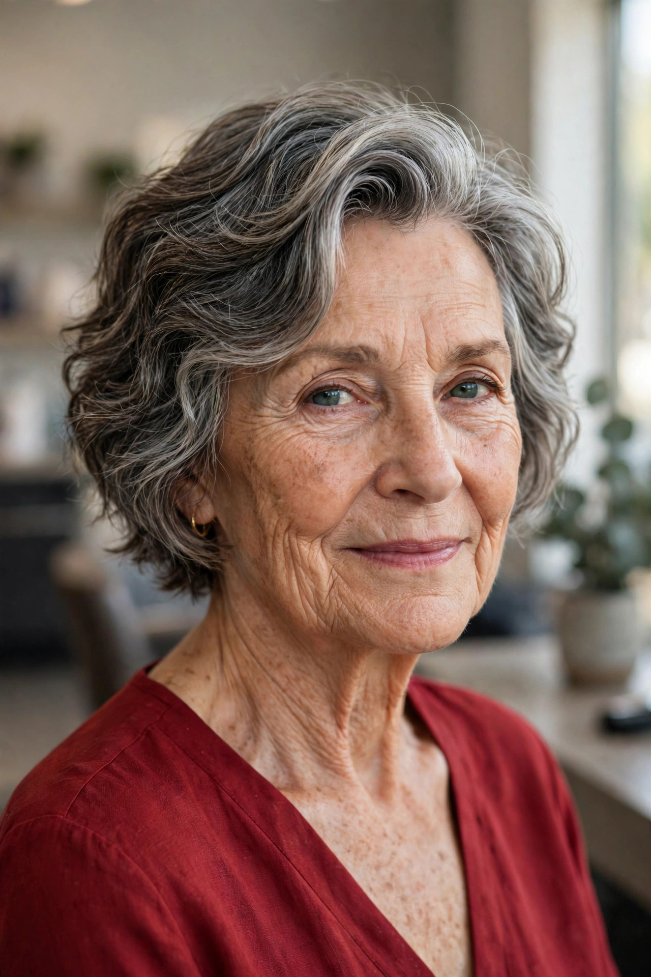 short wavy pixie bob haircut with deep side sweep in salt and pepper wavy hair on a woman over 60