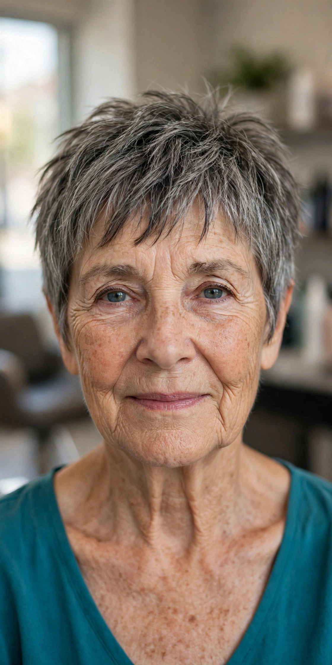 short choppy textured pixie haircut with piecey fringe and salt and pepper hair on a woman over 60