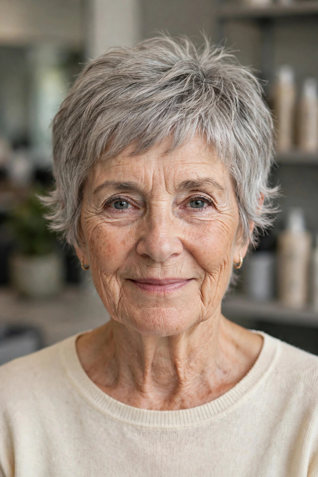 short feathered pixie haircut with flicked out ends and soft gray hair on a woman over 60