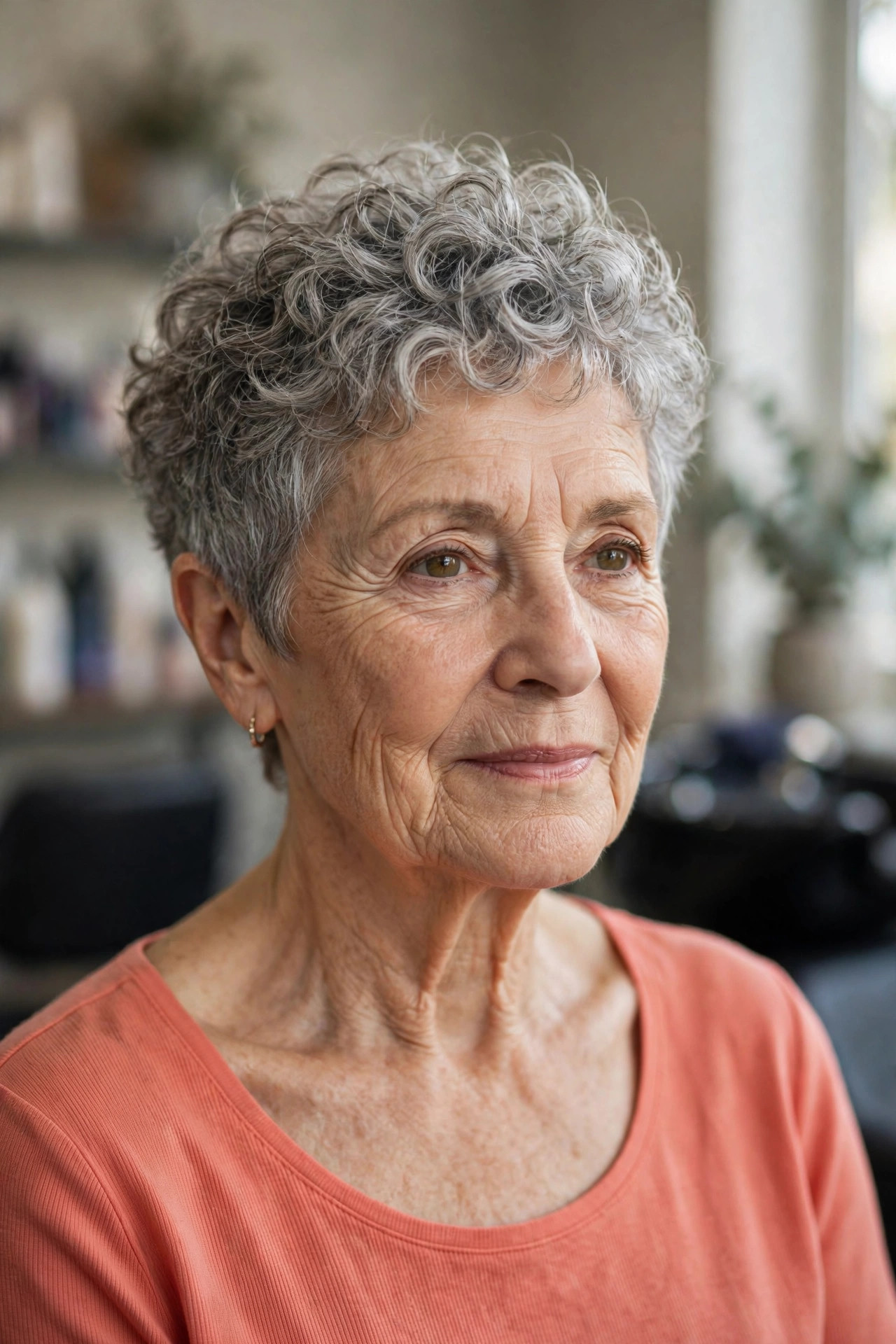 short curly pixie haircut with tousled defined curls and silver gray hair on a woman over 60