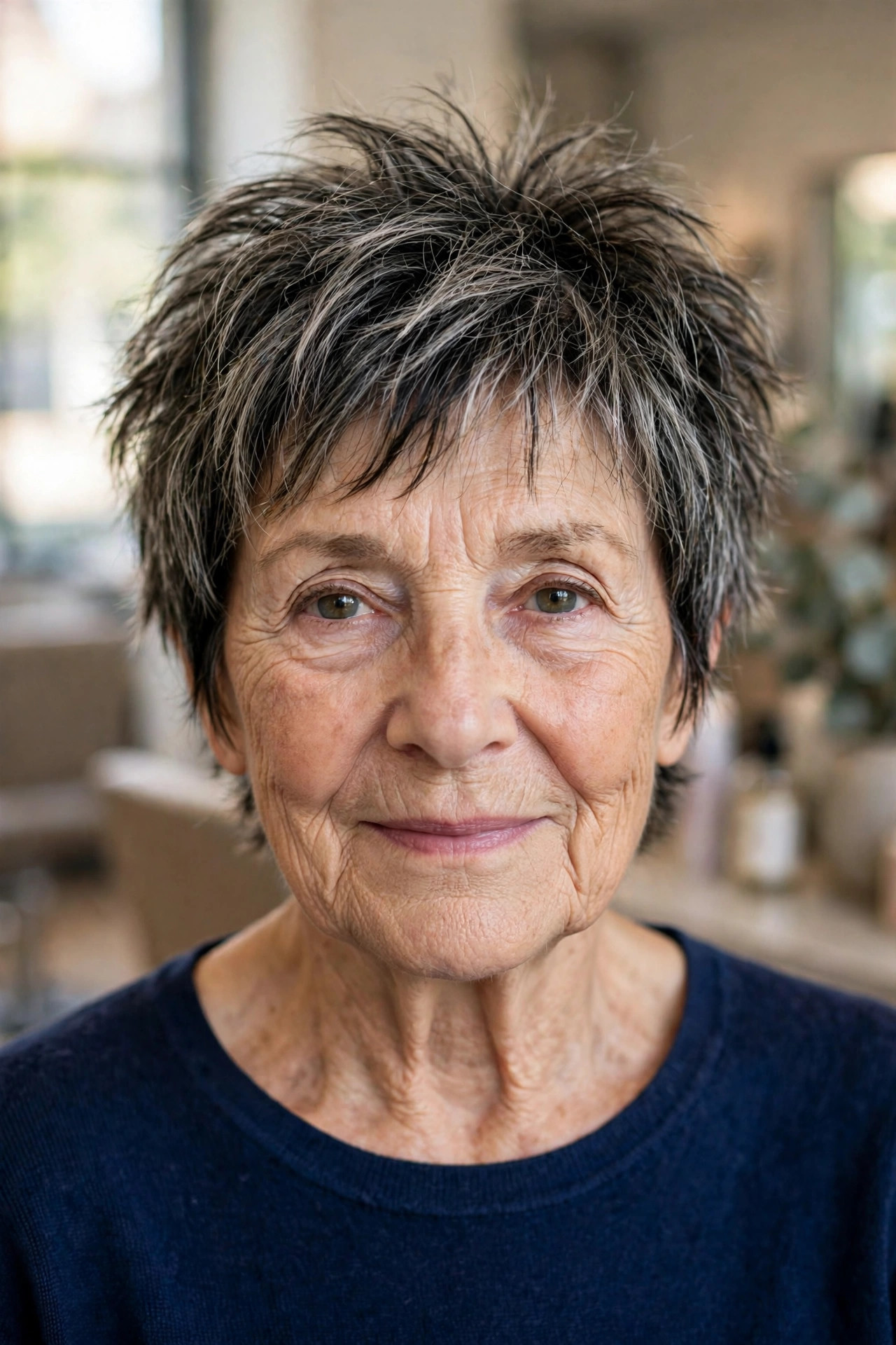 short shaggy pixie haircut with jagged layers in salt and pepper hair on a woman over 60