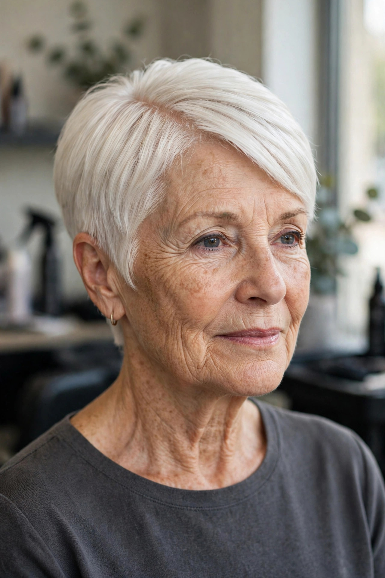 short platinum pixie bob haircut with deep side part on a woman over 60