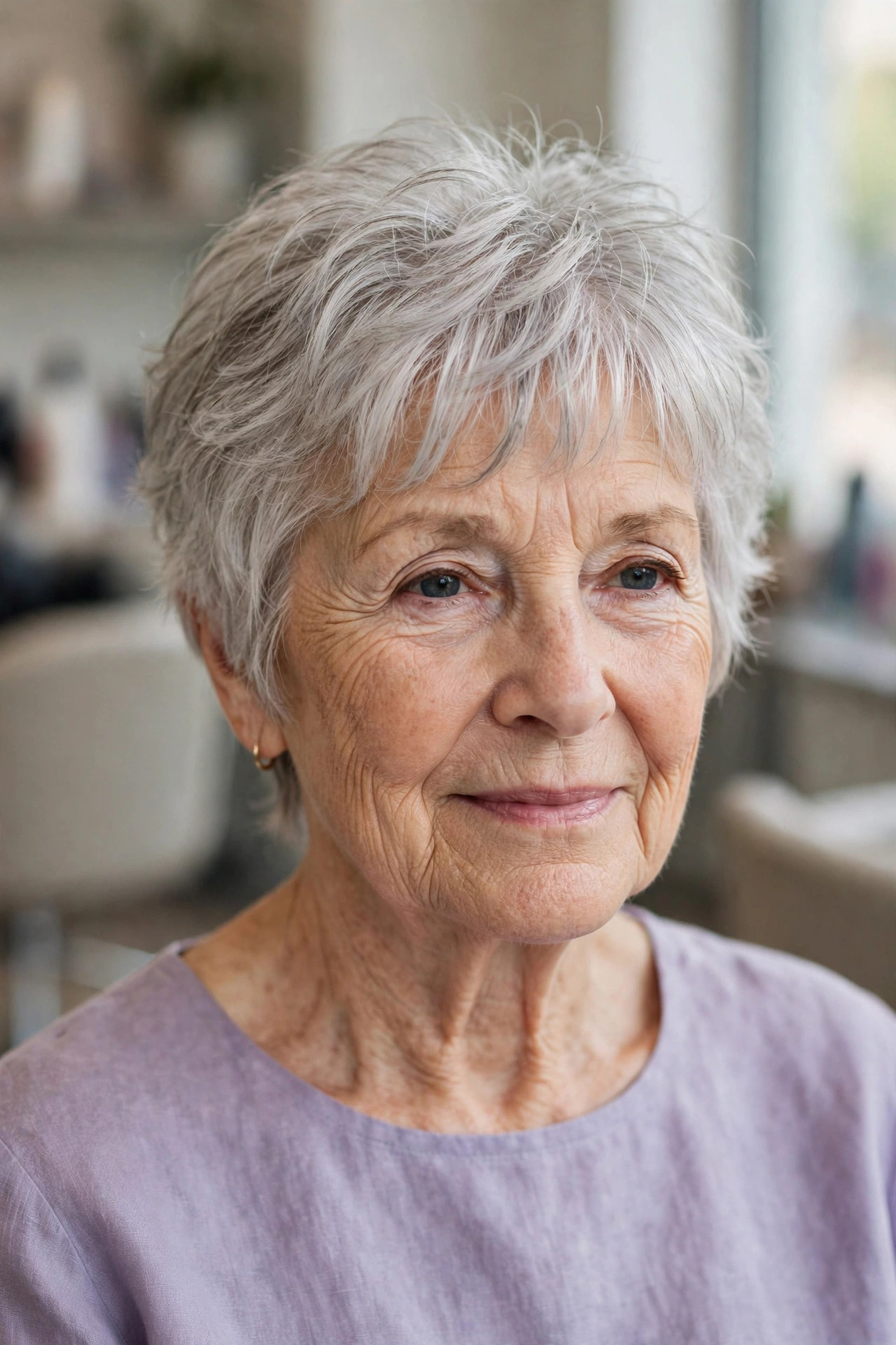 short wispy pixie haircut with soft baby bangs and light silver hair on a woman over 60