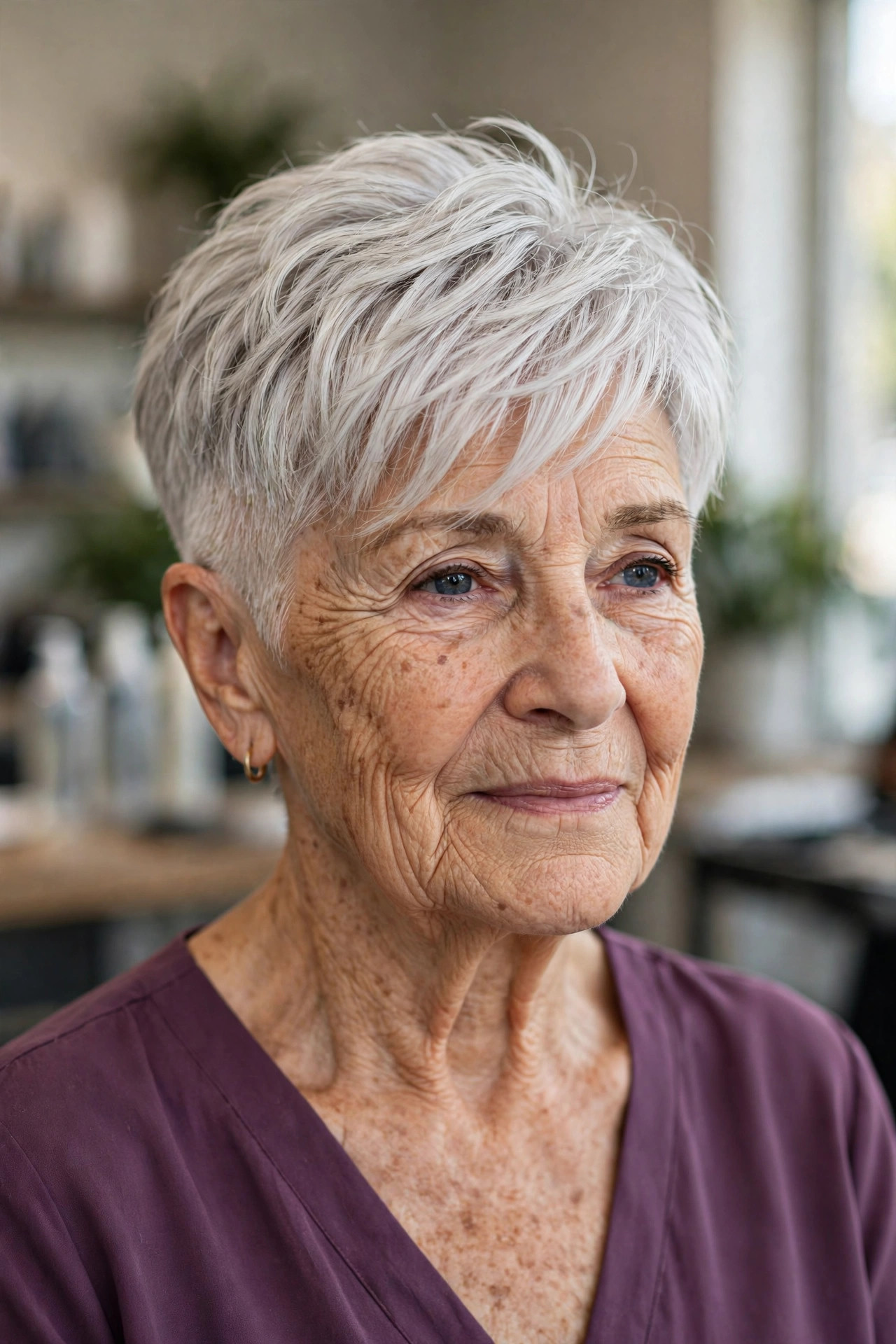 short undercut pixie haircut with cropped sides and long textured top in silver white hair on a woman over 60