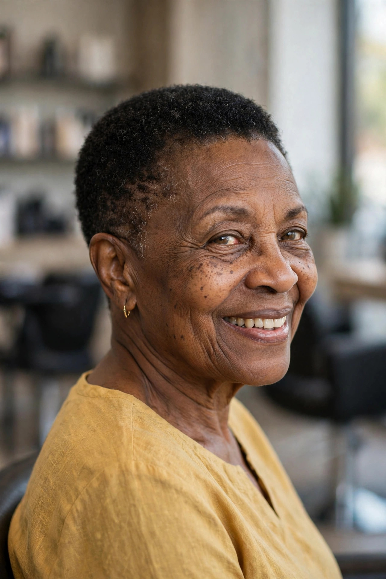 Classic Tapered TWA - short tapered natural haircut on a Black woman over 60