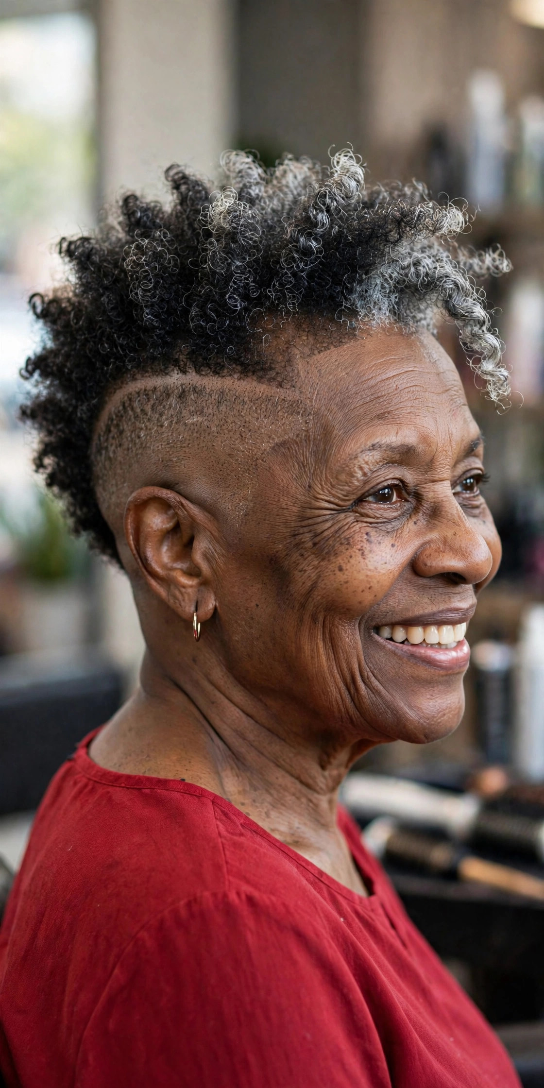 Frohawk Taper - short tapered natural haircut on a Black woman over 60