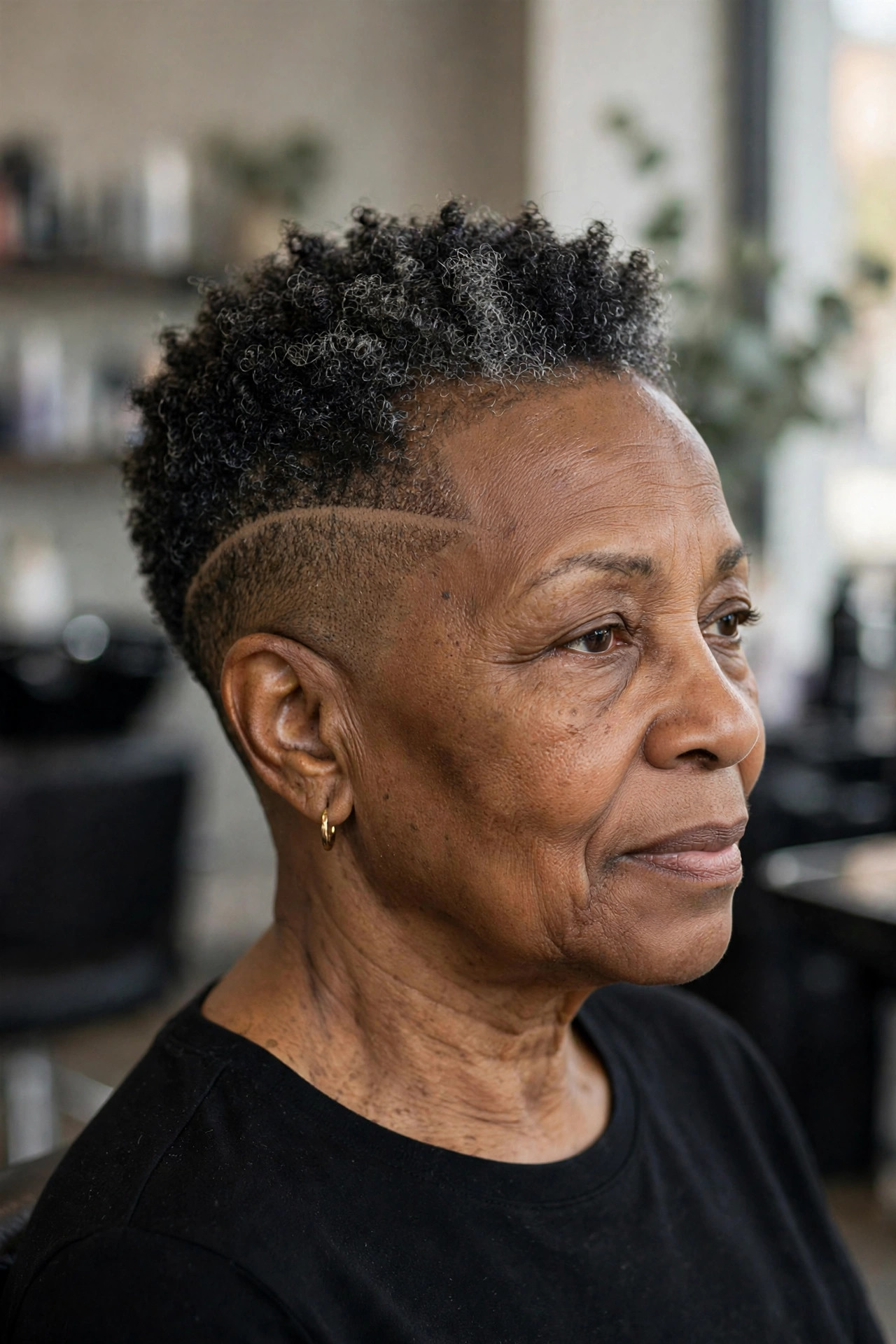 Taper with an Etched Part Line - short tapered natural haircut on a Black woman over 60