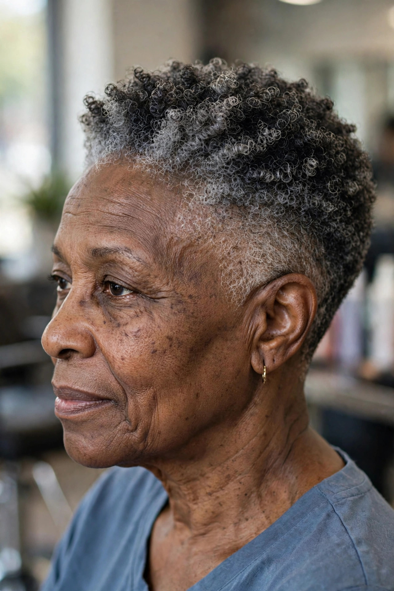 Temple Fade Taper with Gray Blending - short tapered natural haircut on a Black woman over 60