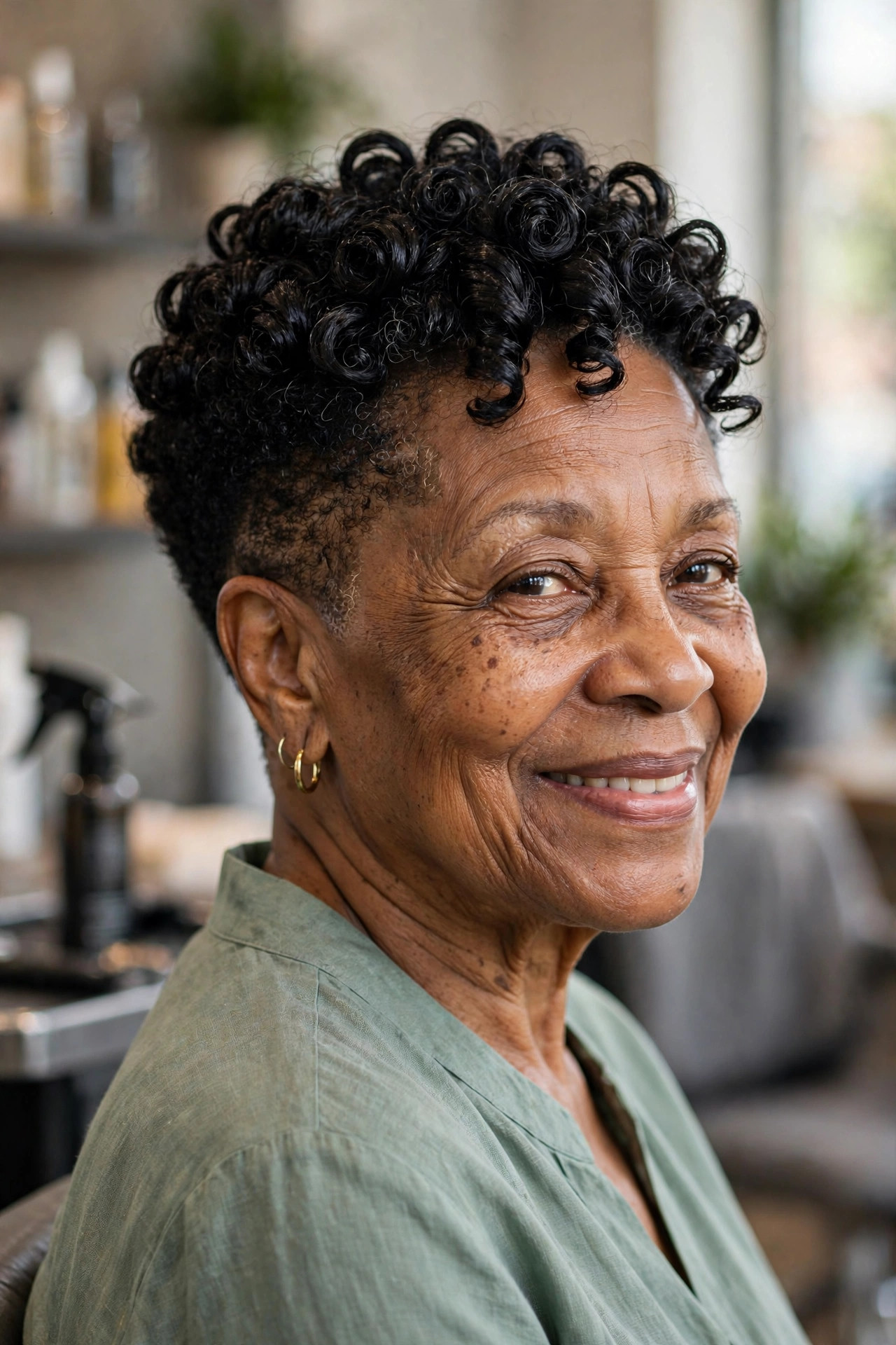 Wash-and-Go Tapered Coils - short tapered natural haircut on a Black woman over 60