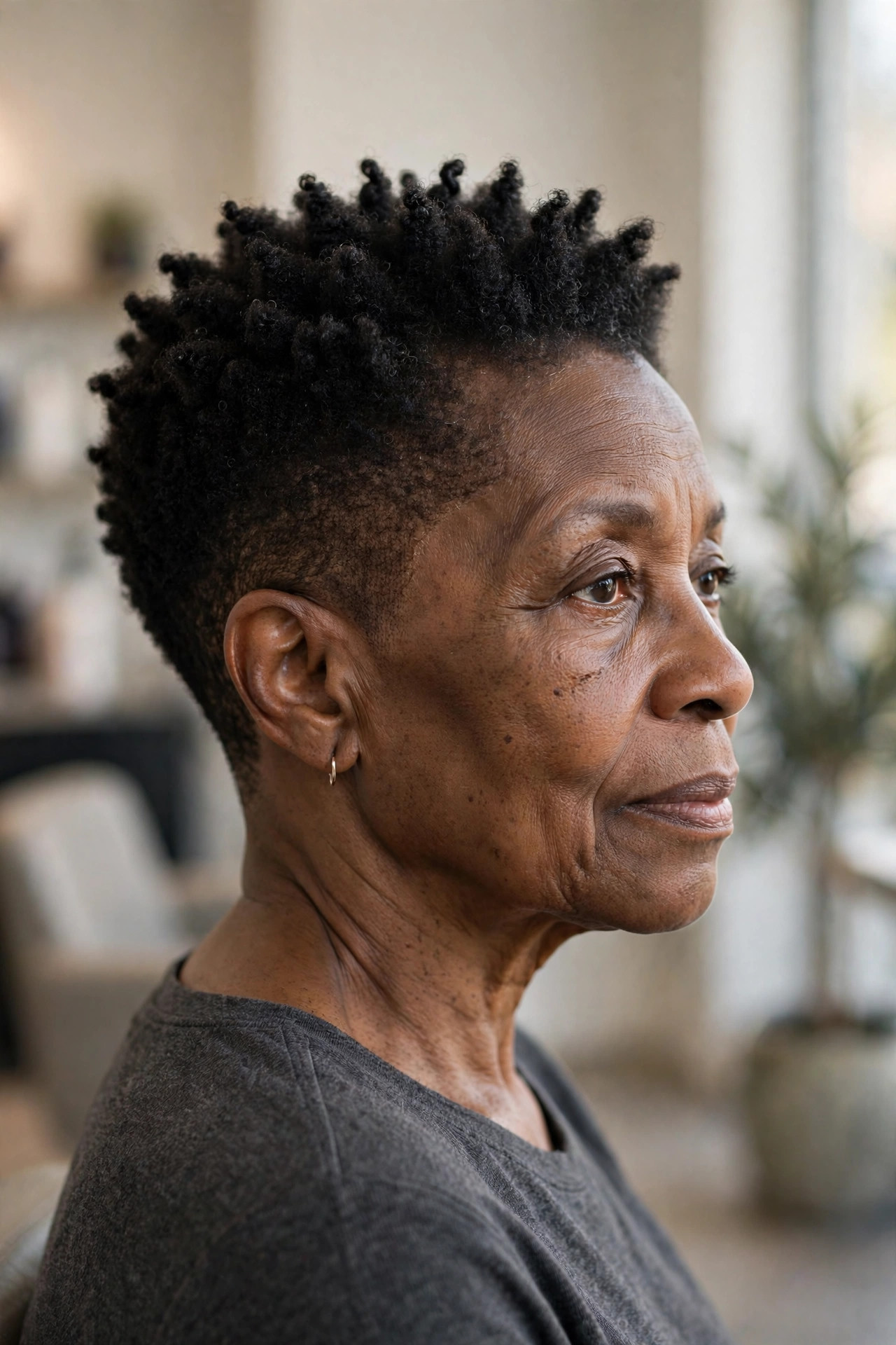 Sponge-Coil Taper - short tapered natural haircut on a Black woman over 60