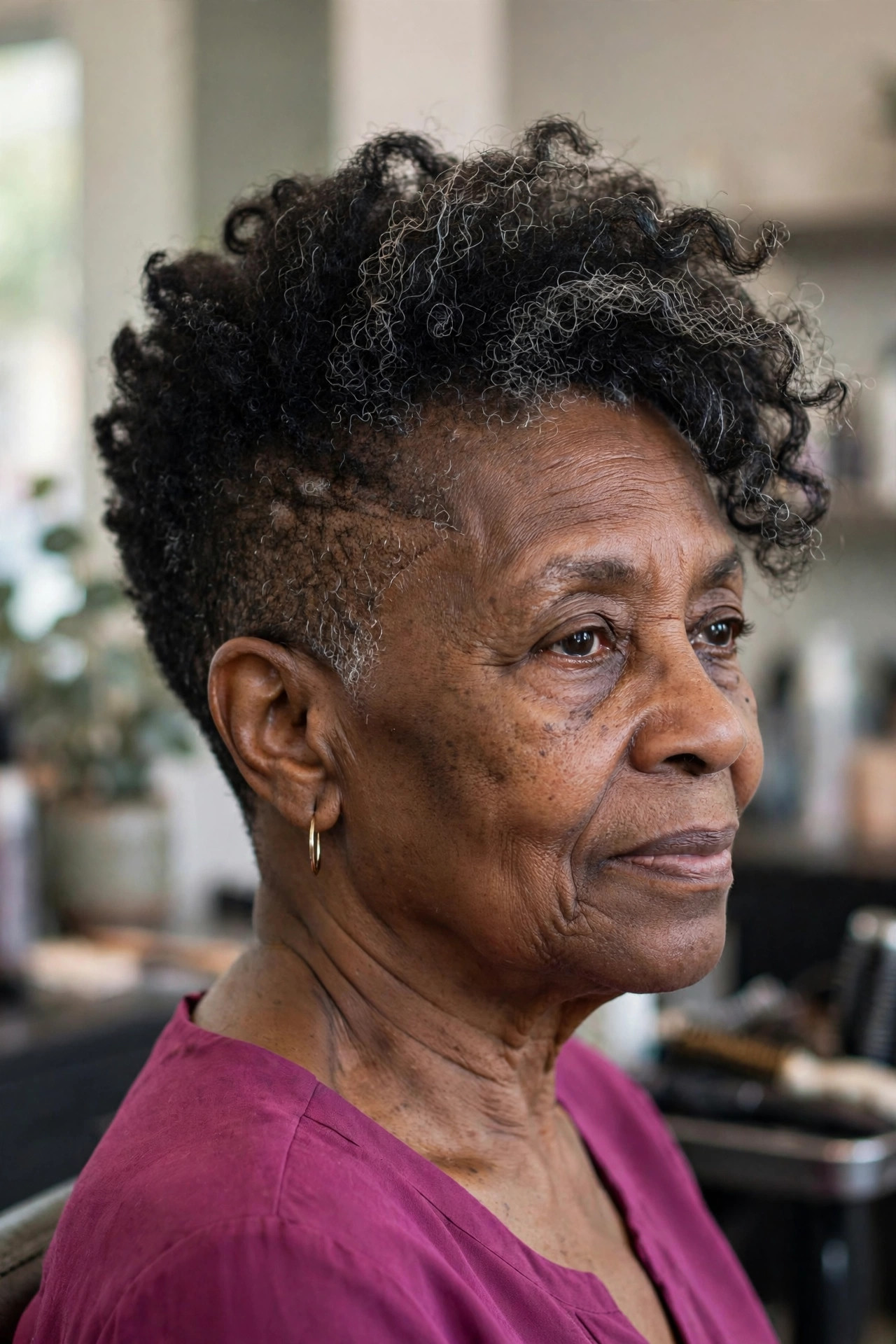 Asymmetric Tapered Cut - short tapered natural haircut on a Black woman over 60