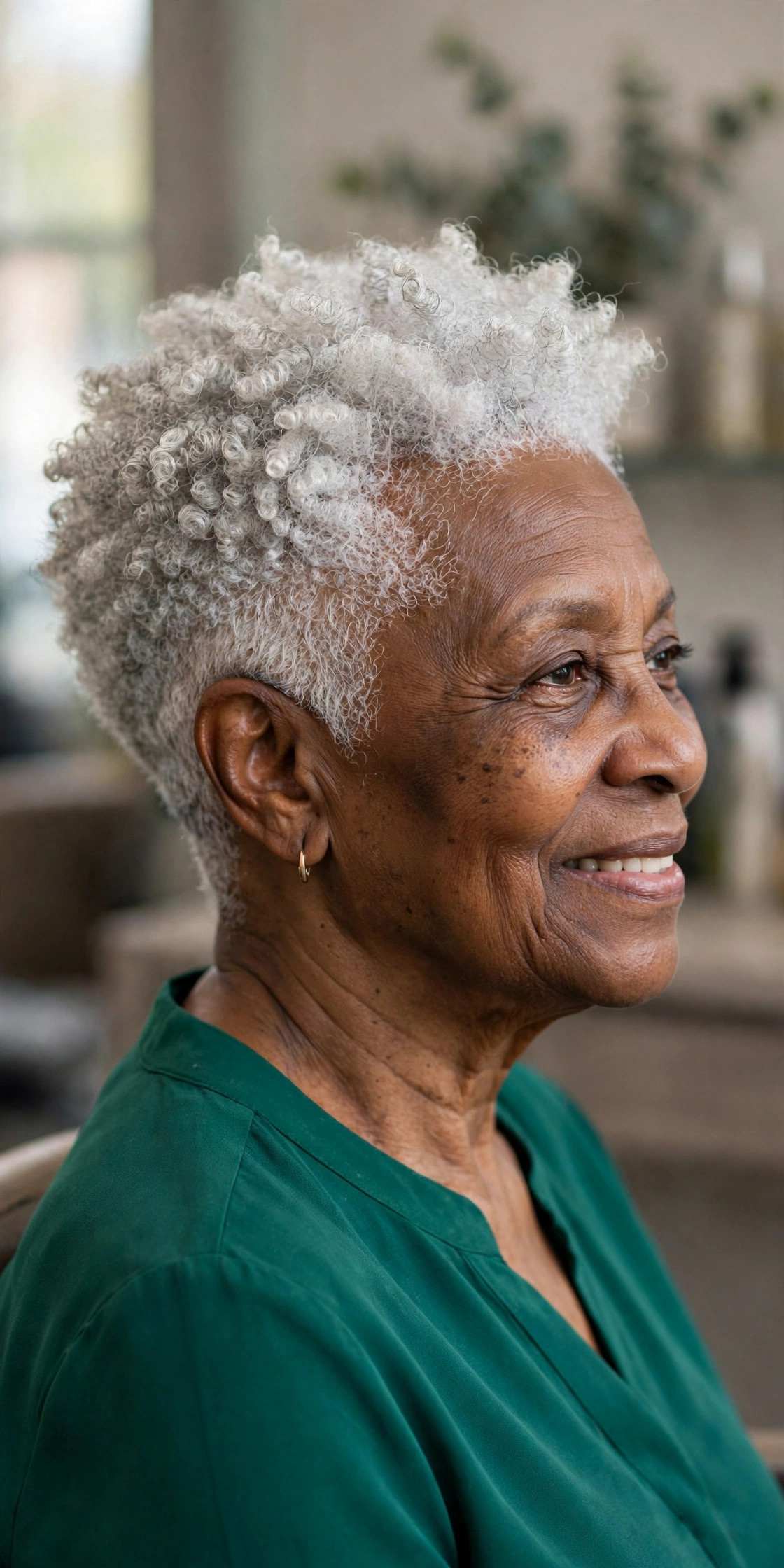 Fully Silver Tapered Cut - short tapered natural haircut on a Black woman over 60