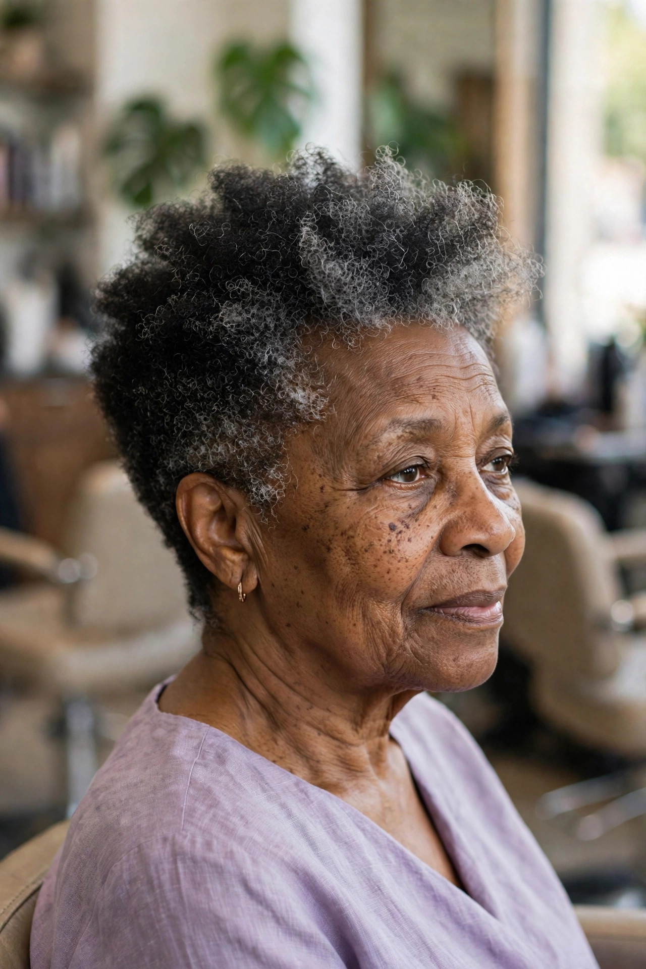 Grown-Out Taper, Softly Shaped - short tapered natural haircut on a Black woman over 60