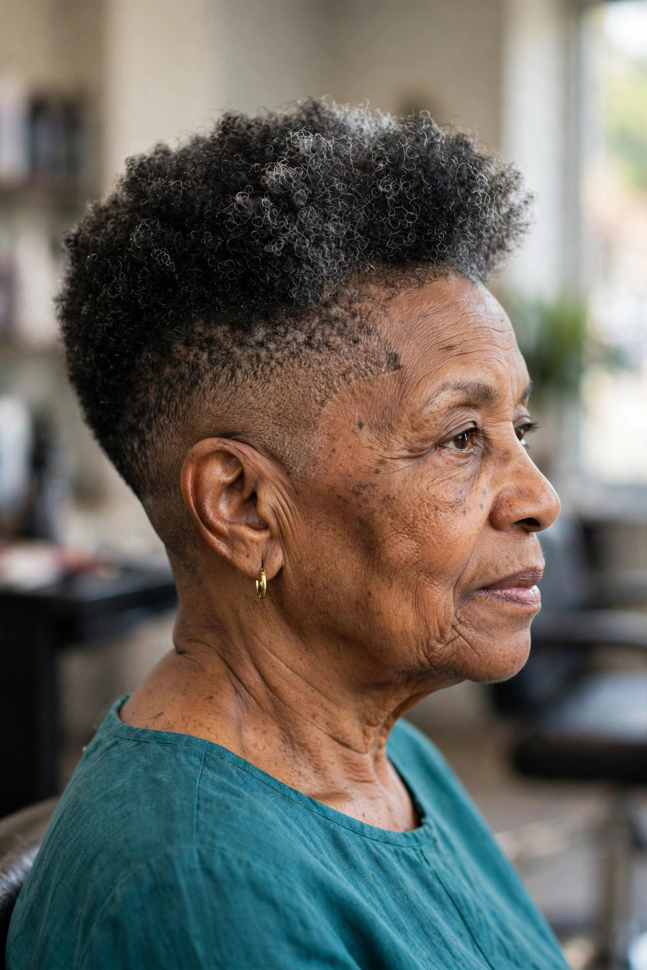 Tapered Afro with a High Taper - short tapered natural haircut on a Black woman over 60