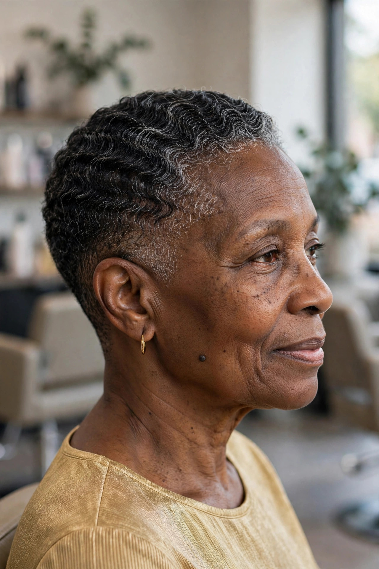 Brushed Wave Taper - short tapered natural haircut on a Black woman over 60