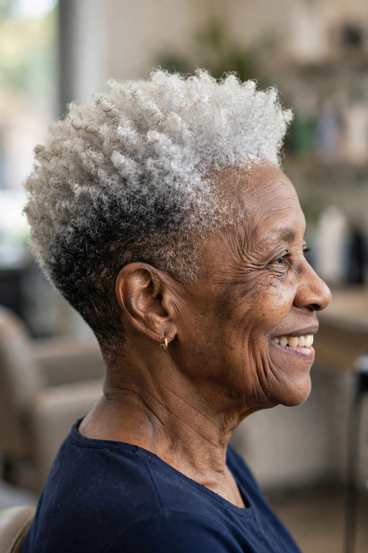 Silver Crown Taper with Dark Sides - short tapered natural haircut on a Black woman over 60
