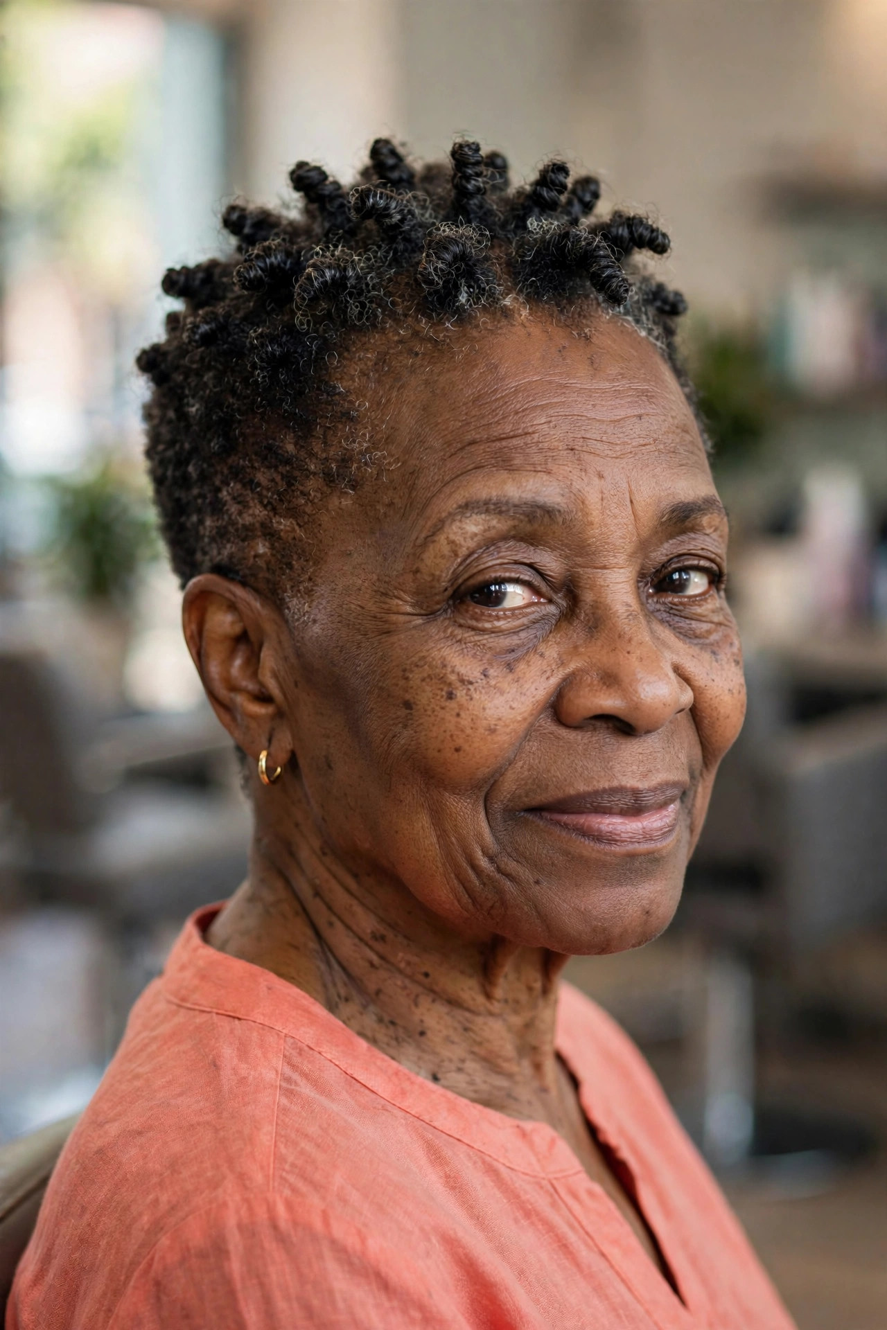Finger Coils on a Tapered Cut - short tapered natural haircut on a Black woman over 60
