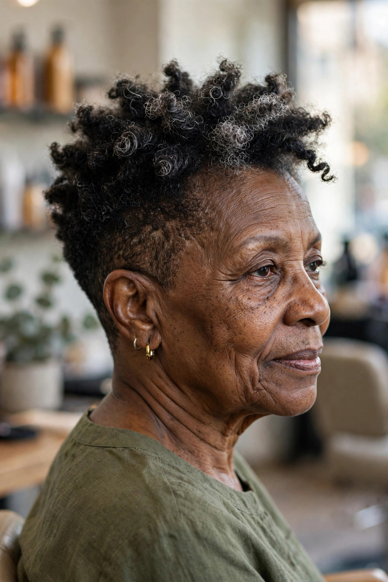 Twist-Out Top with Tapered Sides - short tapered natural haircut on a Black woman over 60