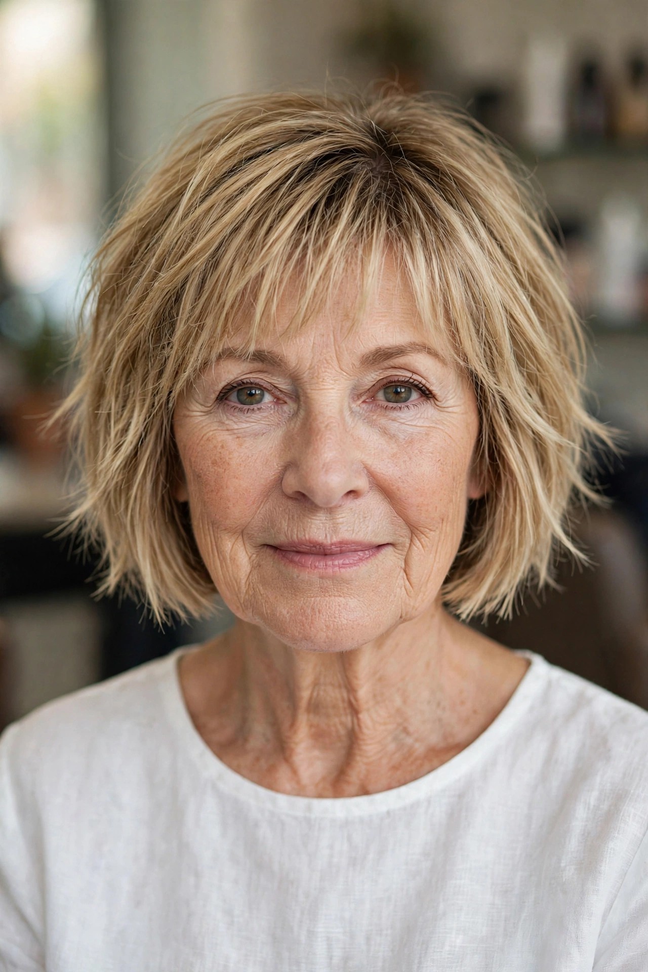 Textured Bob with a Wispy Fringe on a woman over 50 - short textured haircut idea 10