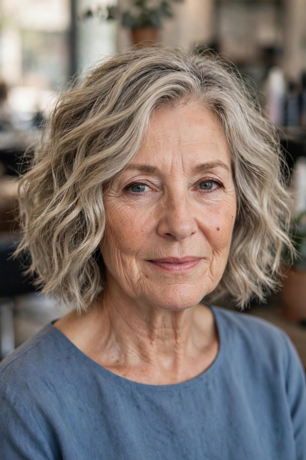 Wavy Textured Chin-Length Bob on a woman over 50 - short textured haircut idea 12