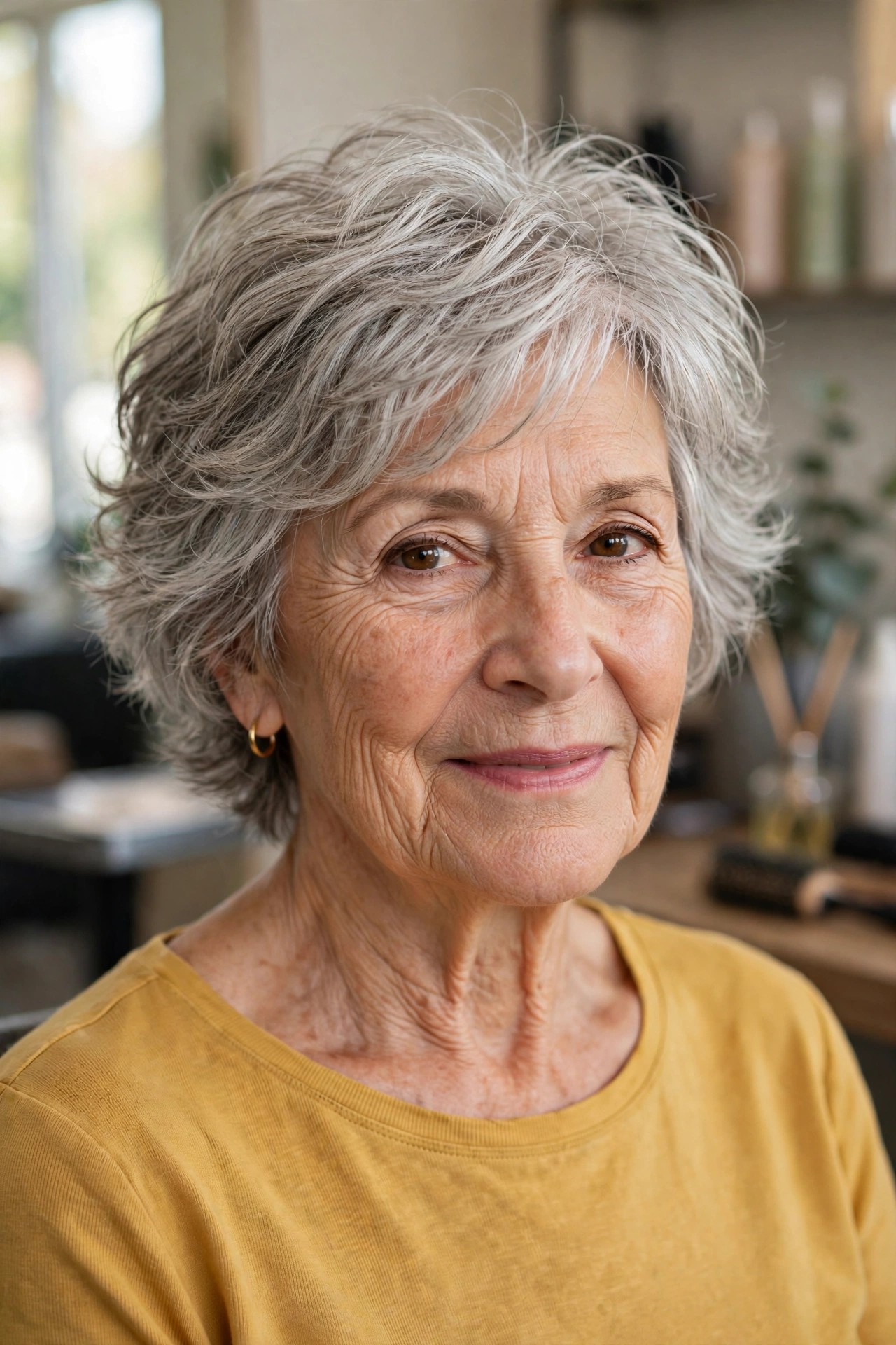 Soft Tousled Silver Shag on a woman over 50 - short textured haircut idea 14