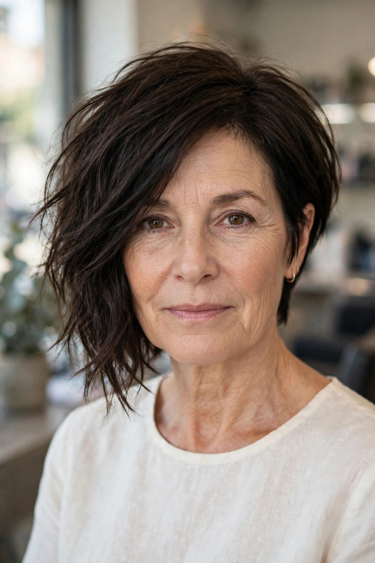 Asymmetrical Textured Bob on a woman over 50 - short textured haircut idea 17
