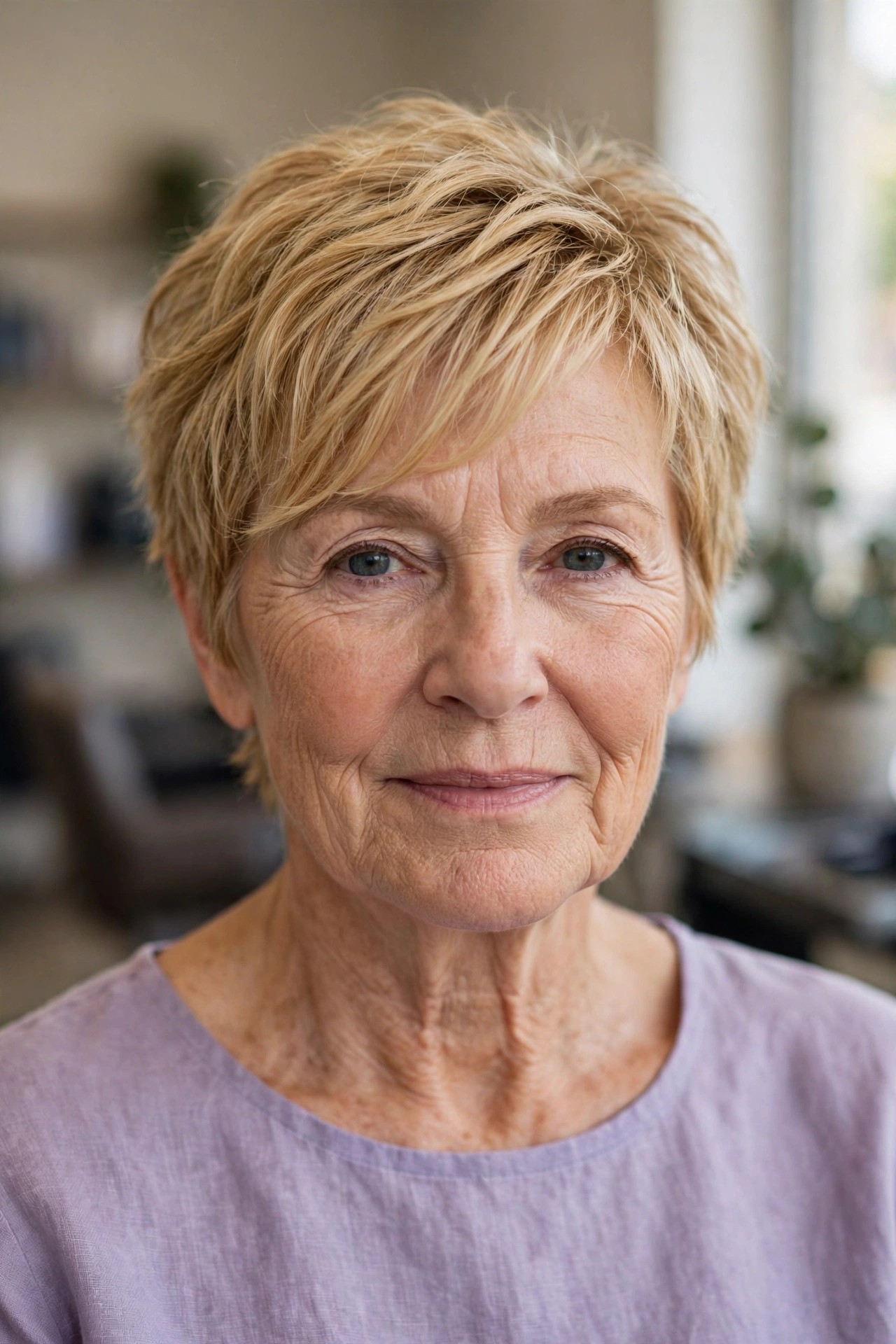 Textured Crop with Side-Swept Bangs on a woman over 50 - short textured haircut idea 18