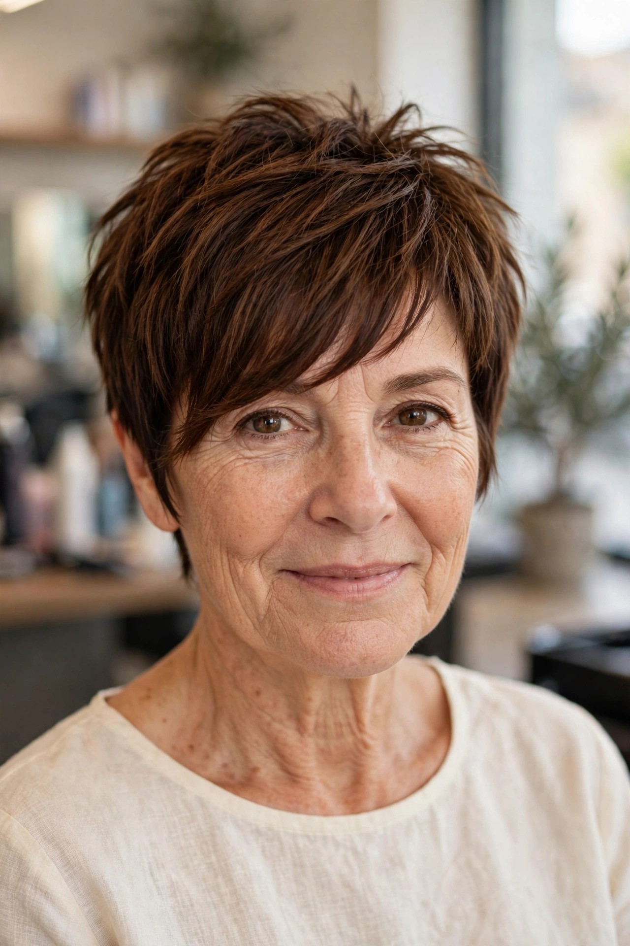 Textured Pixie with a Long Side-Swept Fringe on a woman over 50 - short textured haircut idea 2