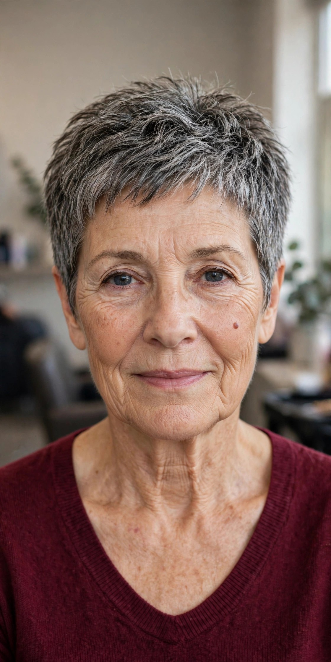 Salt-and-Pepper Textured Crop on a woman over 50 - short textured haircut idea 7