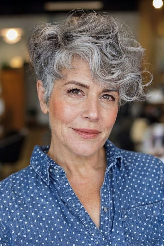 Short Wavy Gray Pixie-Bob — short wavy gray hairstyle on a woman over 70