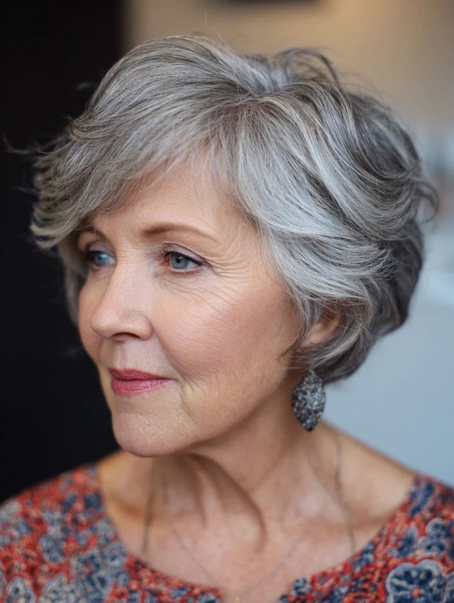 Short Layered Waves With a Side Sweep — short wavy gray hairstyle on a woman over 70