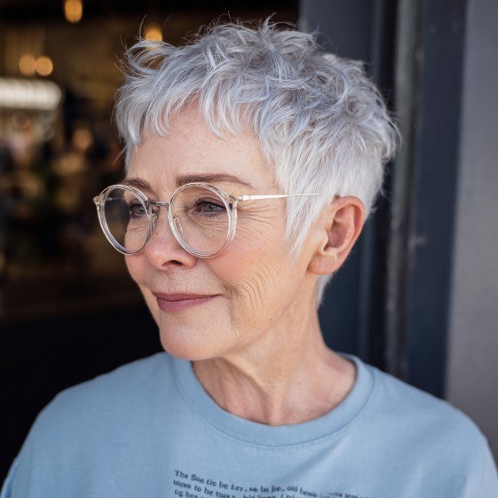 Short Wavy Crop With Glasses — short wavy gray hairstyle on a woman over 70
