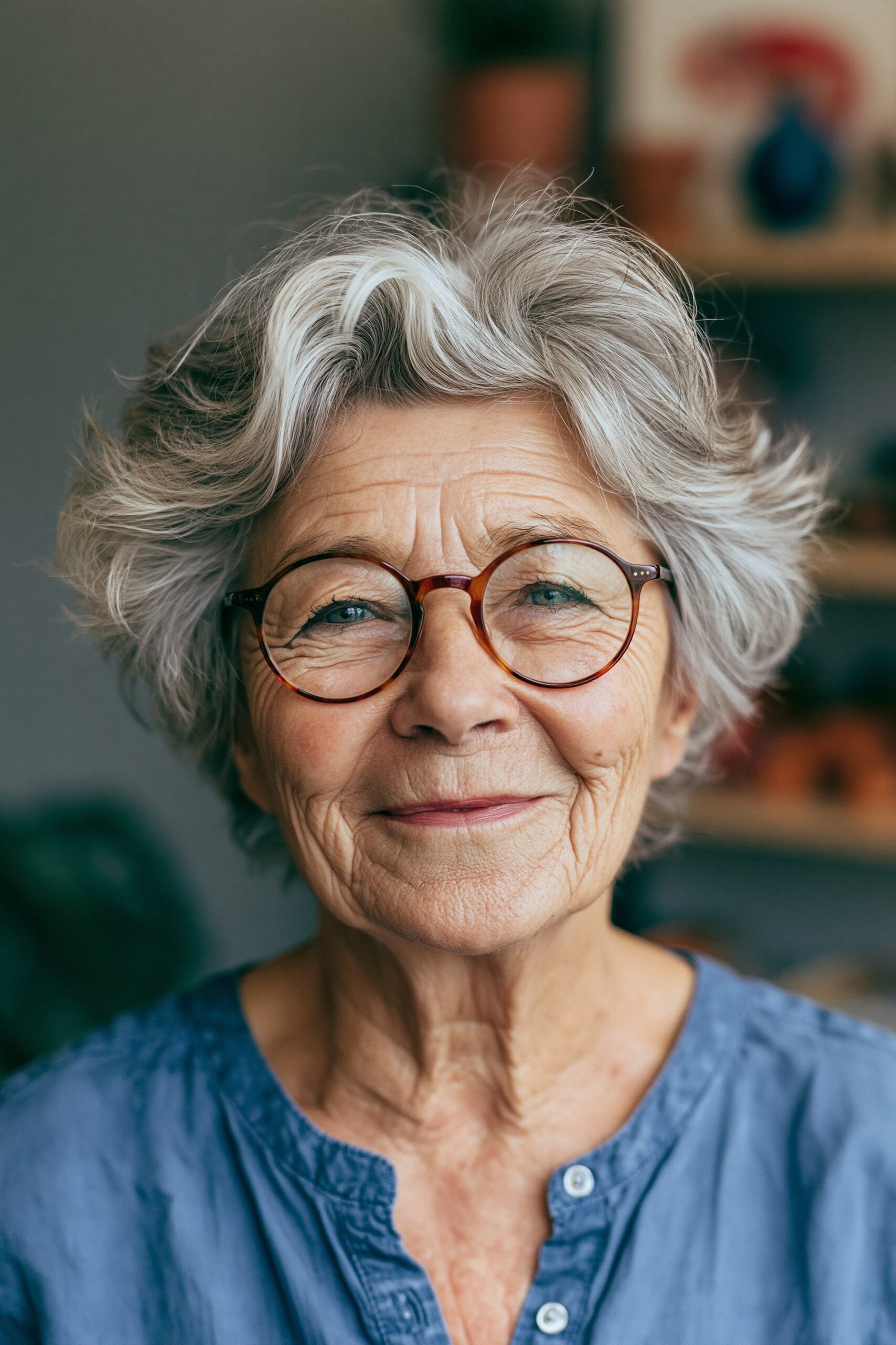 Short Wavy Hair With Round Glasses — short wavy gray hairstyle on a woman over 70