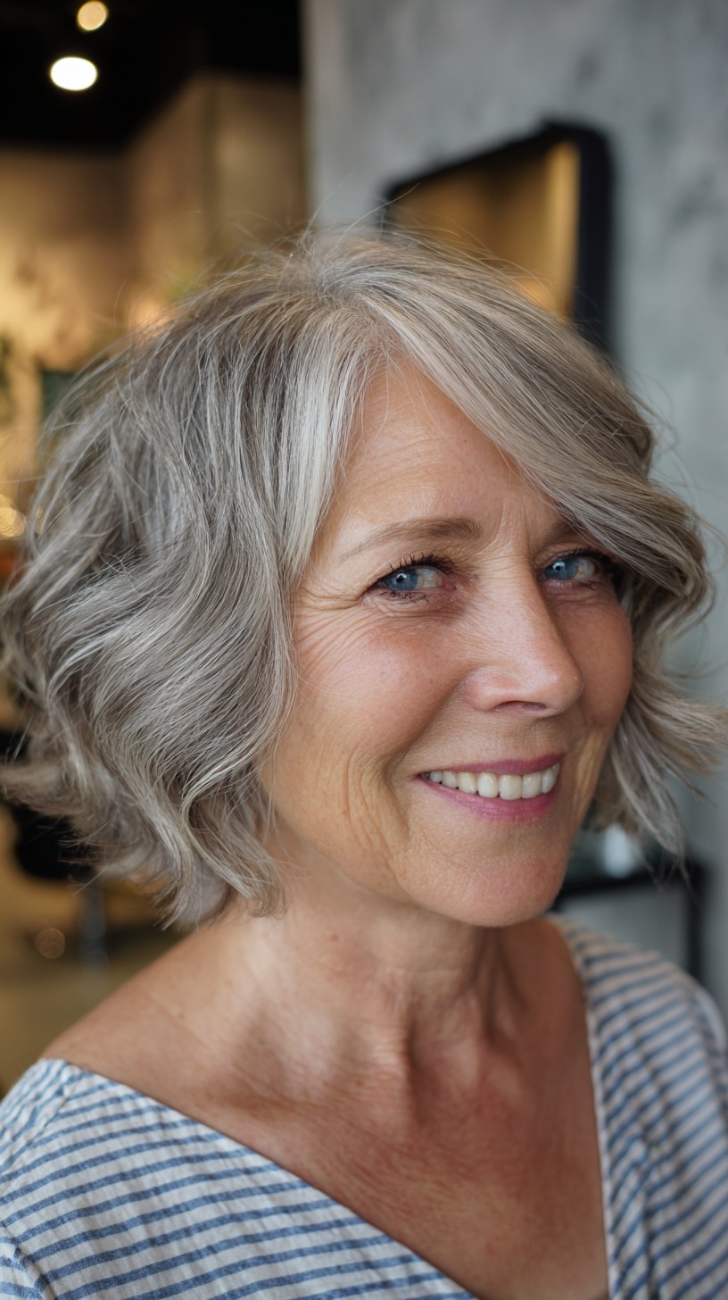 Short Wavy Bob, Fresh From the Salon — short wavy gray hairstyle on a woman over 70