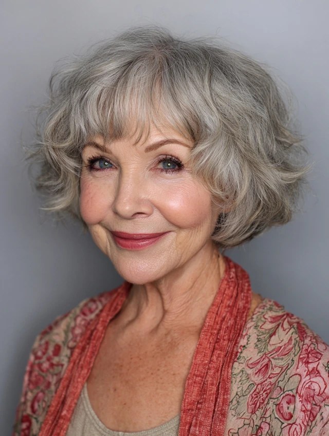 Short Wavy Bob With Bangs and a Smile — short wavy gray hairstyle on a woman over 70