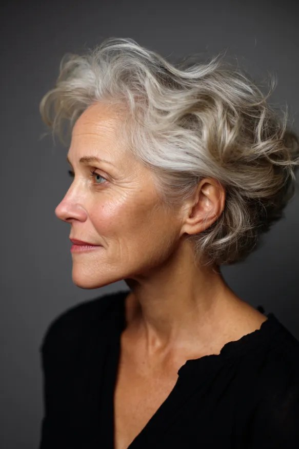 Short Wavy Crop in Profile — short wavy gray hairstyle on a woman over 70