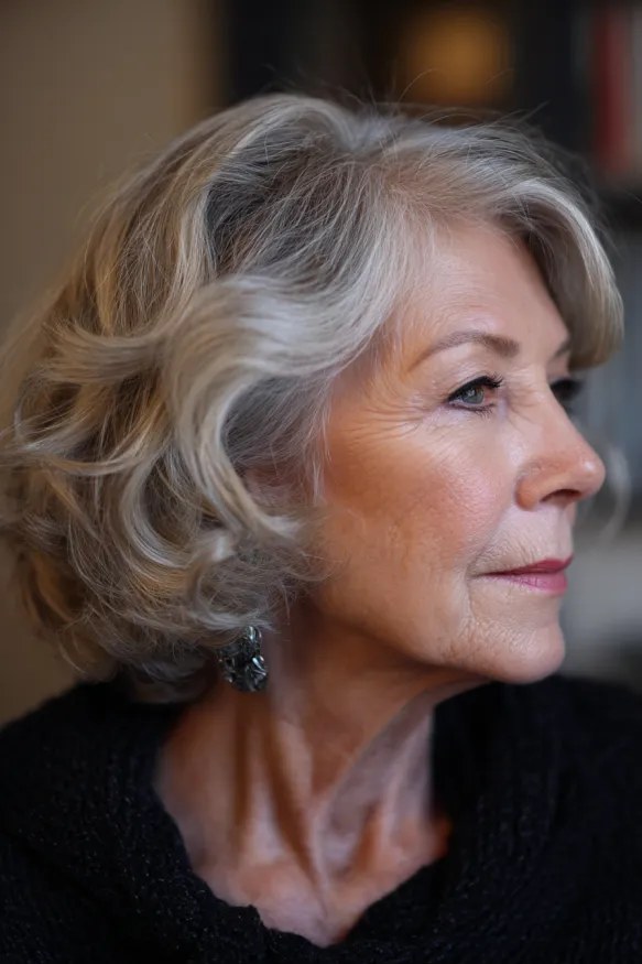 Short Wavy Bob With Deep Neckline Layers — short wavy gray hairstyle on a woman over 70