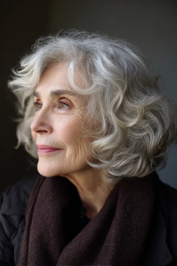 Medium-Short Wavy Bob in Bright Gray — short wavy gray hairstyle on a woman over 70