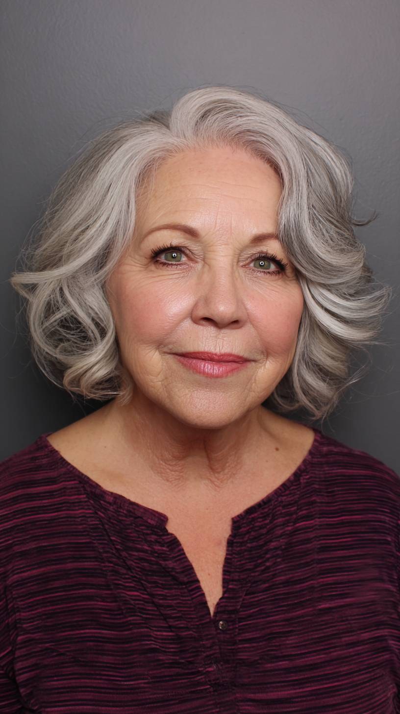 Short Wavy Silver Crop With Volume — short wavy gray hairstyle on a woman over 70