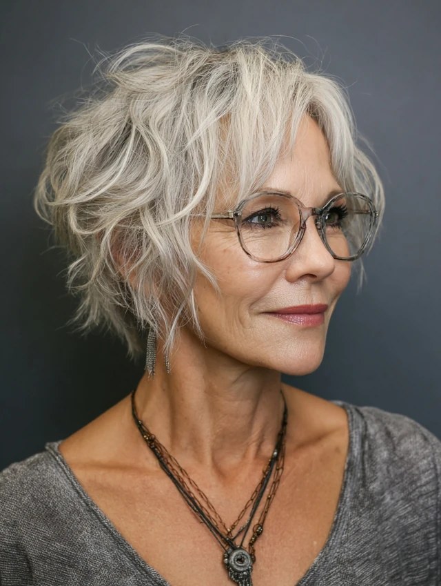 Short Wavy Hair With Fine Glasses — short wavy gray hairstyle on a woman over 70