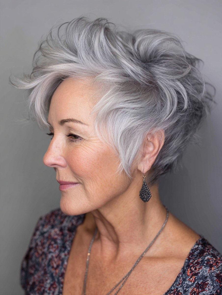 Voluminous Short Wavy Crop in Silver — short wavy gray hairstyle on a woman over 70