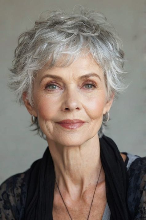 Tousled Short Gray Waves — short wavy gray hairstyle on a woman over 70