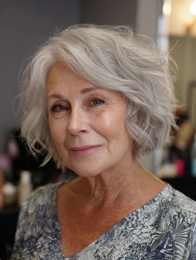 Soft Short Waves With a Feathered Fringe — short wavy gray hairstyle on a woman over 70