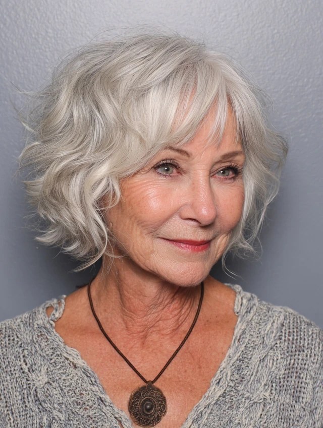 Classic Short Wavy Bob in White — short wavy gray hairstyle on a woman over 70