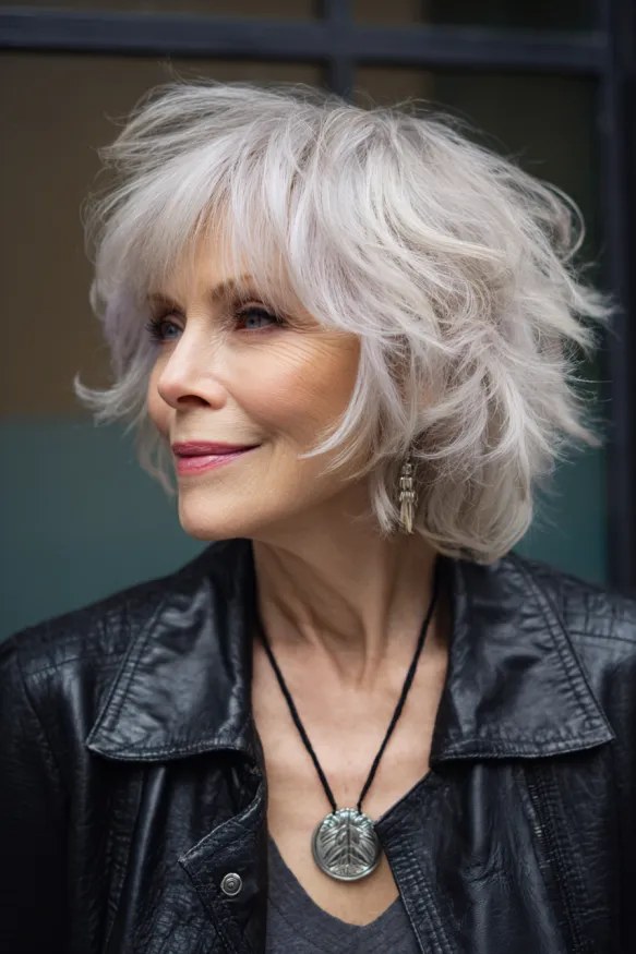 Wavy Silver Shag, Short and Lively — short wavy gray hairstyle on a woman over 70