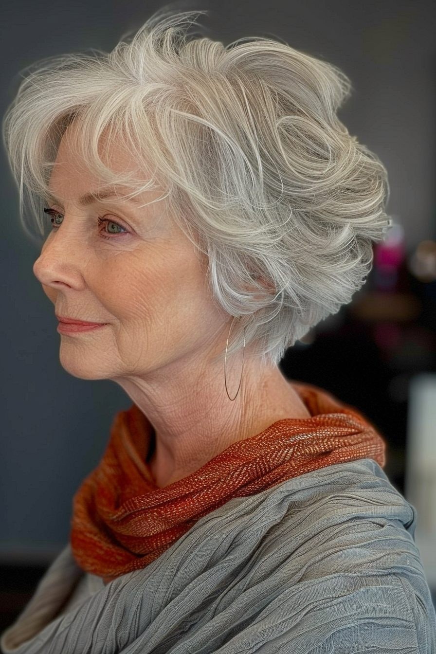 Short Sculpted Waves With Warm Layers — short wavy gray hairstyle on a woman over 70