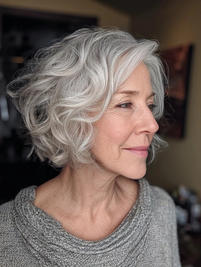 Short Wavy Bob With Silver Layers — short wavy gray hairstyle on a woman over 70