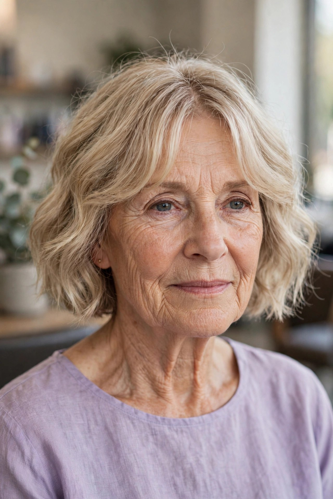 Jaw-Length Wavy Bob With Curtain Bangs on a woman over 60 with fine hair